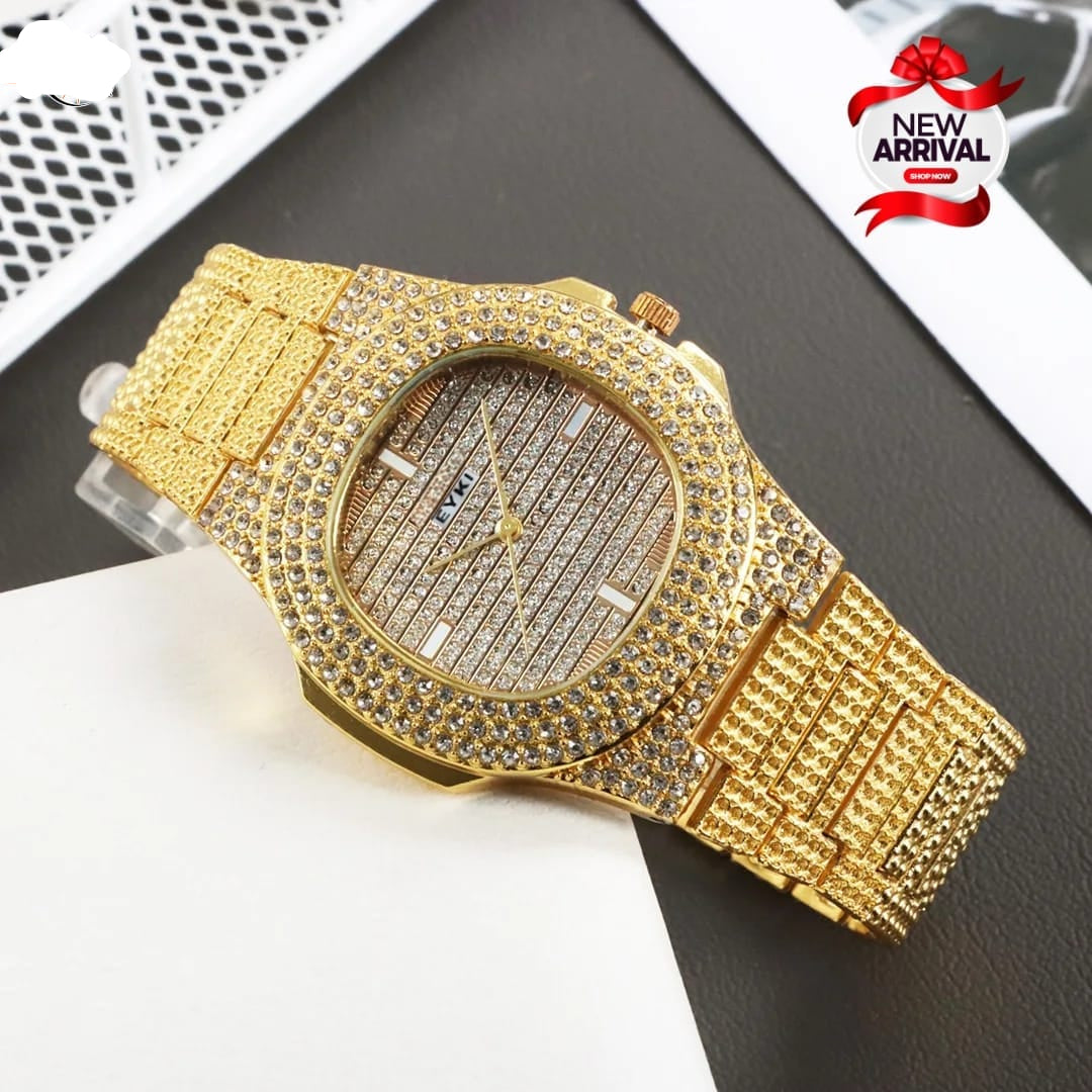 Women Stone Design Chain Wrist Watch Golden