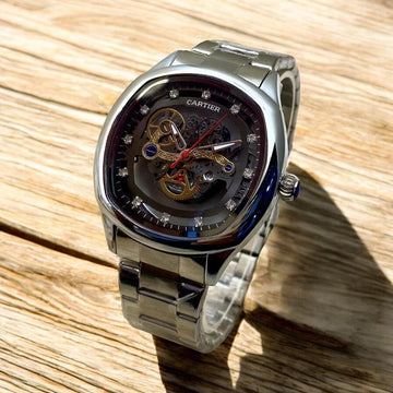 Cartier skeleton watch Stainless steel chain  Transparent back Silver